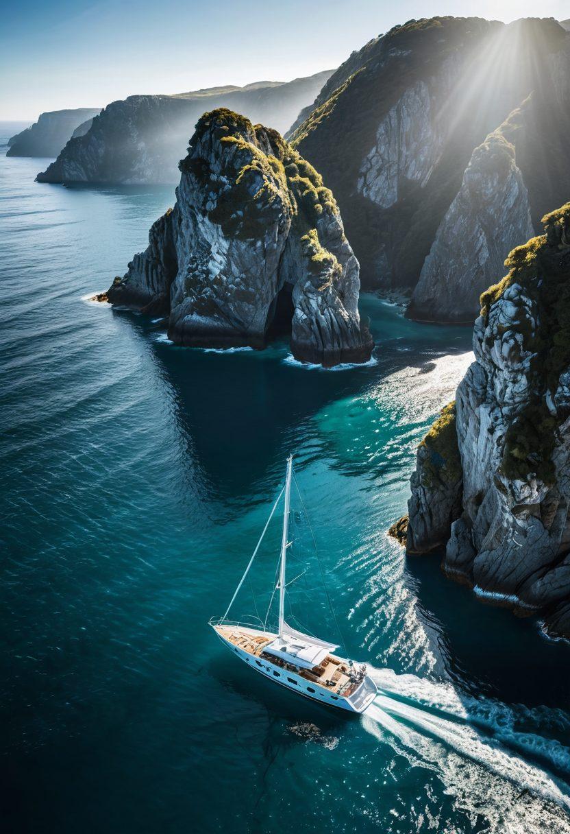 A luxurious yacht gliding through crystal-clear blue waters, surrounded by stunning coastal cliffs and lush greenery. The sun casts a warm glow on the yacht, reflecting off the water, while a subtle overlay of insurance symbols (like a shield or lifebuoy) blends into the scene, alluding to protection and security. The horizon is dotted with distant islands, creating a sense of adventure and exploration. vibrant colors. super-realistic. airy atmosphere.