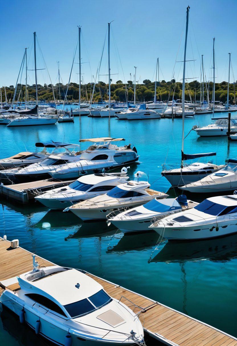 A serene marina filled with various beautiful watercraft, including sailboats and yachts, glistening under the sun. Each vessel showcases different insurance symbols, symbolizing protection and security on the water. In the background, a clear blue sky and gentle waves enhance the peaceful atmosphere. Soft nautical elements, like ropes and anchors, subtly incorporated. vibrant colors. super-realistic.