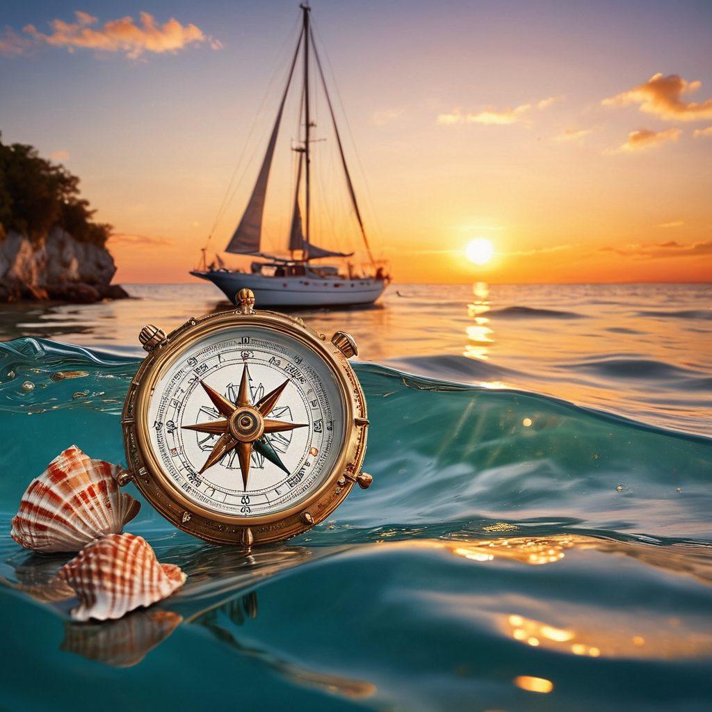 A luxurious yacht gliding through crystal-clear waters, surrounded by a collage of nautical collectibles like vintage compass, model ships, and seashells. In the background, a serene sunset casts warm hues over the scene, emphasizing adventure and protection of treasures. The composition should feel both serene and dynamic, inviting viewers into the world of nautical passion. super-realistic. vibrant colors. sunset background.